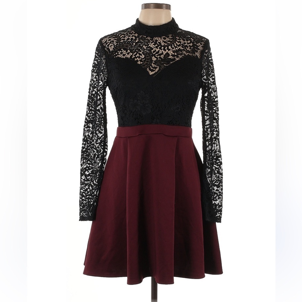 B Darlin Black and Burgundy Long Sleeve Dress - Picture 3 of 7